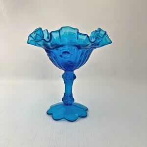 Fenton Blue Glass Compote Cabbage Rose Vintage 60s Mid Century Colonial